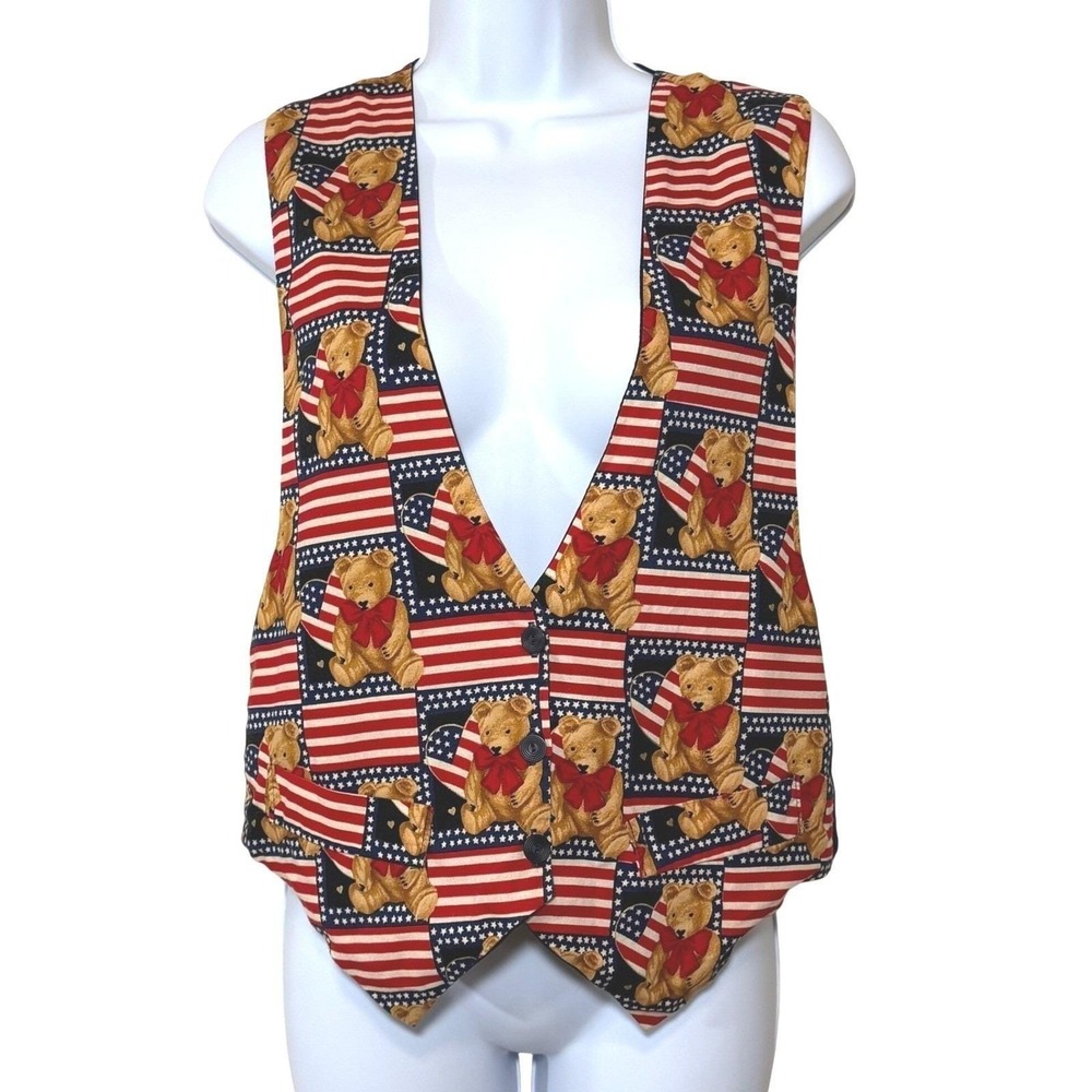 Vintage 90s Vest USA Teddy Bear Patriotic Womens Med American Flag Butter Mom